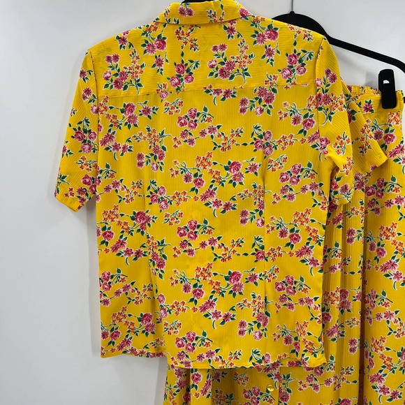 Vintage Bright Yellow Floral Pink Peony Skirt Blouse Button Boho Women's 10 - Picture 5 of 7